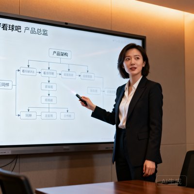 看球吧产品总监周婷的肖像照，女性产品经理在会议室白板前讲解产品架构，穿着干练职业装