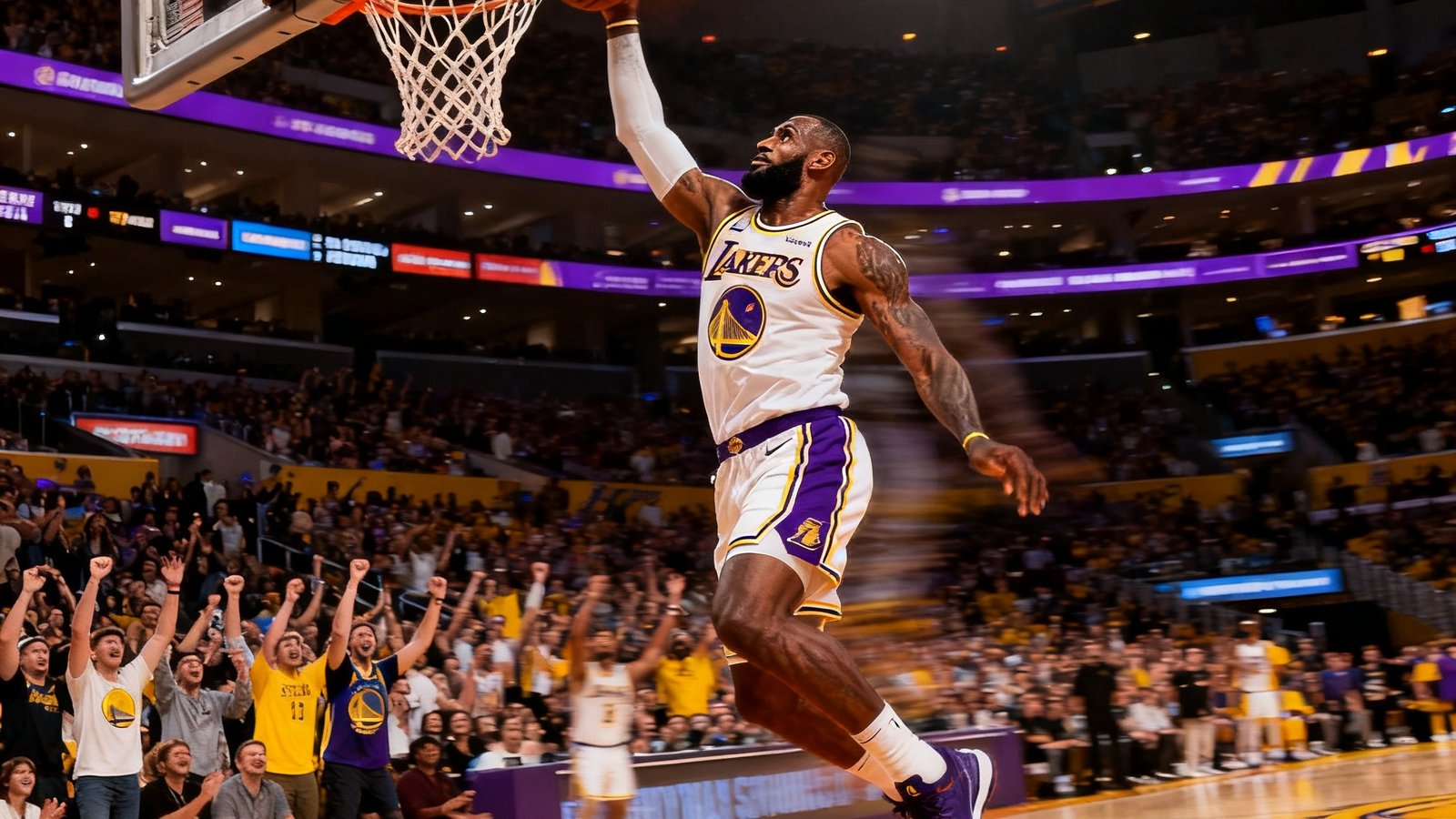 NBA湖人队对阵勇士队比赛精彩集锦封面，詹姆斯突破扣篮的爆发瞬间，球馆内观众欢呼沸腾
